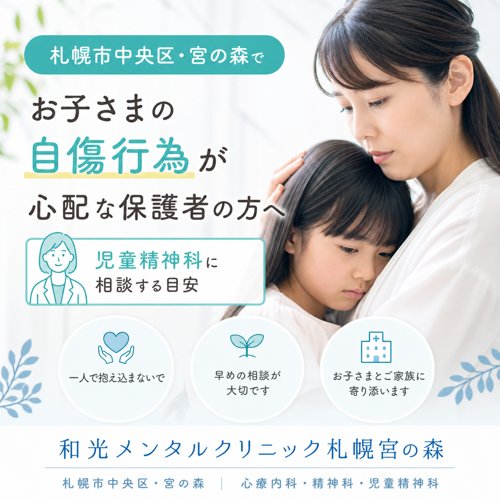 保護者と子どもが落ち着いた室内で向き合い、相談について話しているイメージ
