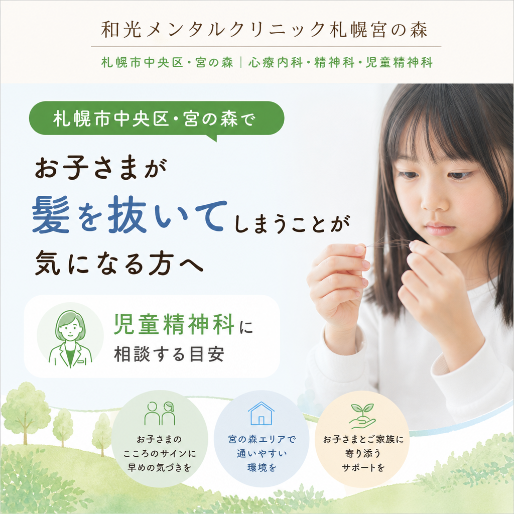 髪を触るお子さまを心配そうに見守りながら、落ち着いて話を聞く保護者のイメージ